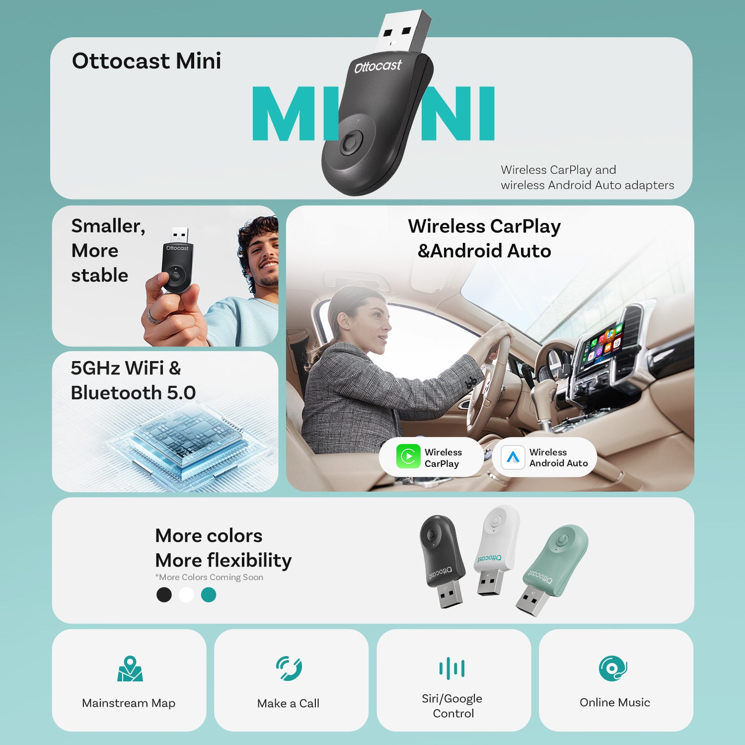 Ottocast Mini Adaptateur CarPlay/Android Auto sans fil