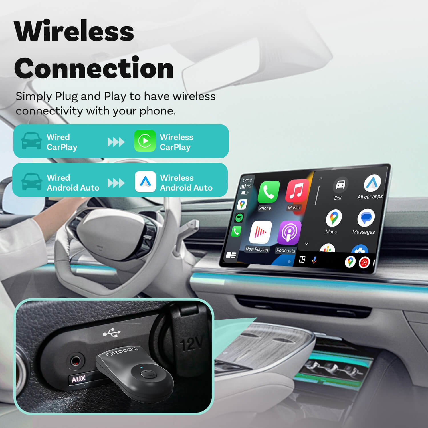 Ottocast Mini Adaptateur CarPlay/Android Auto sans fil
