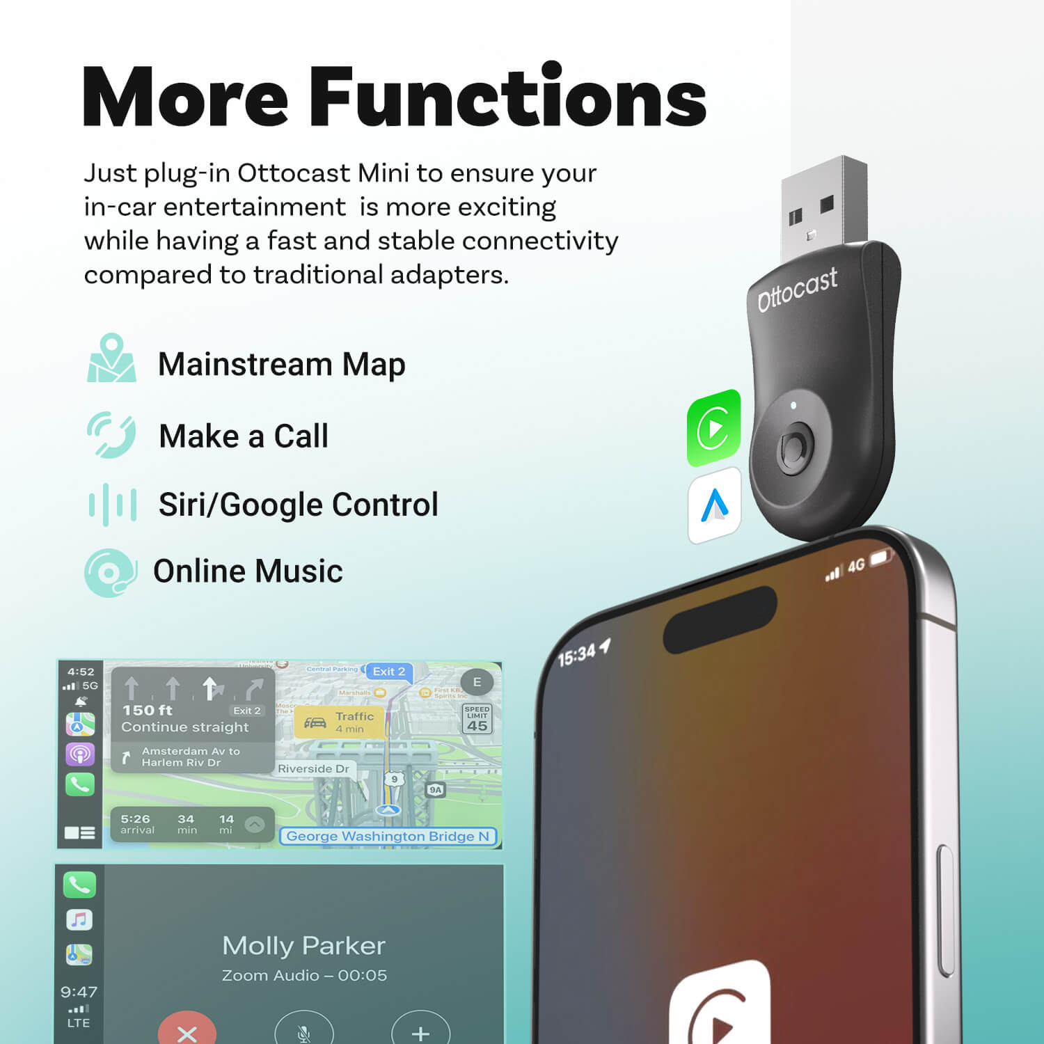 Ottocast Mini Adaptateur CarPlay/Android Auto sans fil