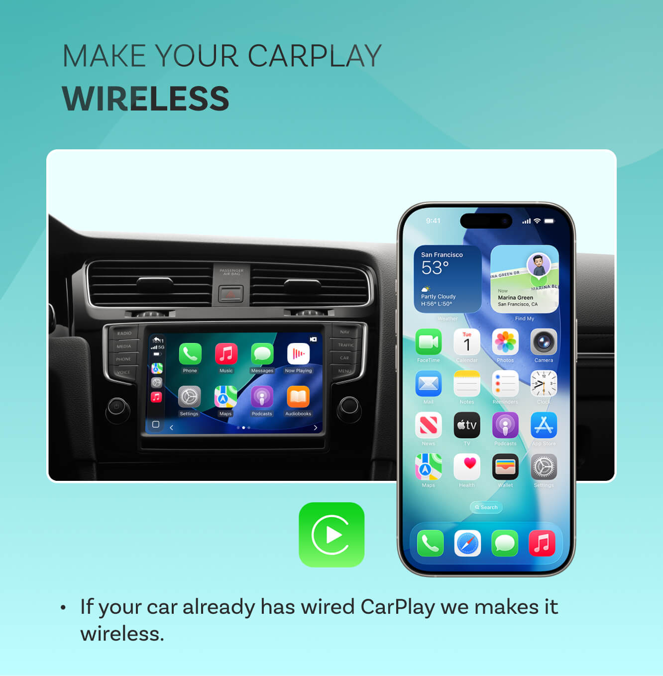 OttoSafe Cam 3-in-1 Dual Dash Cam & Wireless CarPlay Adapter