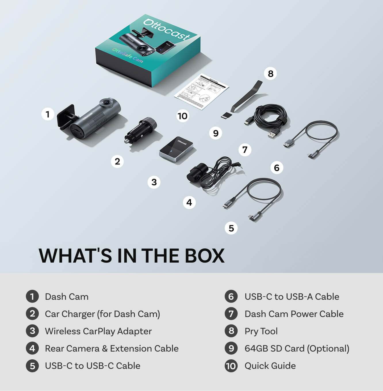 OttoSafe Cam 3-in-1 Dual Dash Cam & Wireless CarPlay Adapter
