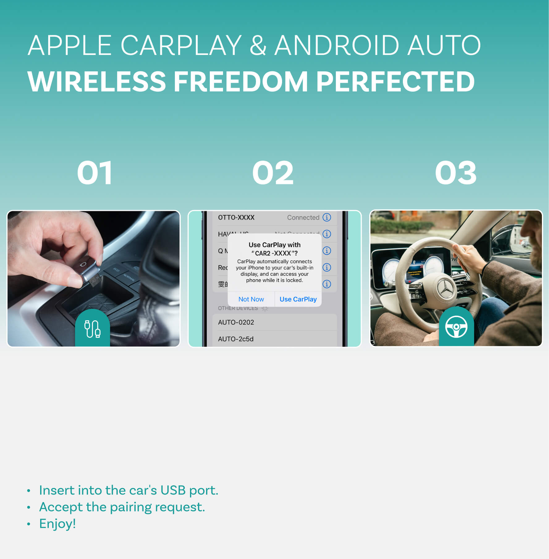 OTTOCAST® Mini 3.0 Ultra Cube Adaptateur 2 en 1 CarPlay Android Auto sans fil