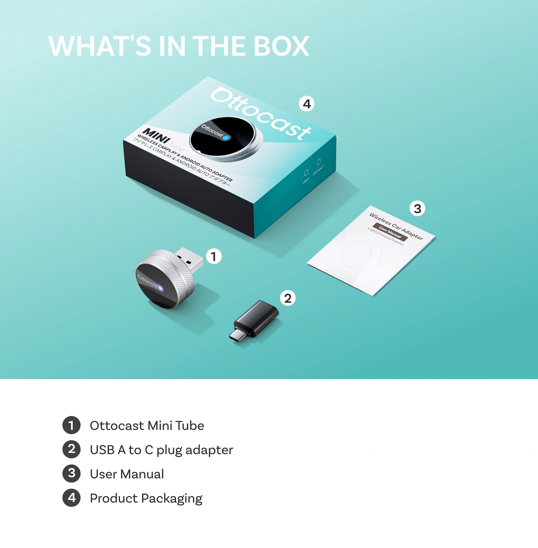 OTTOCAST® Mini Tube Adaptateur CarPlay/Android Auto sans fil