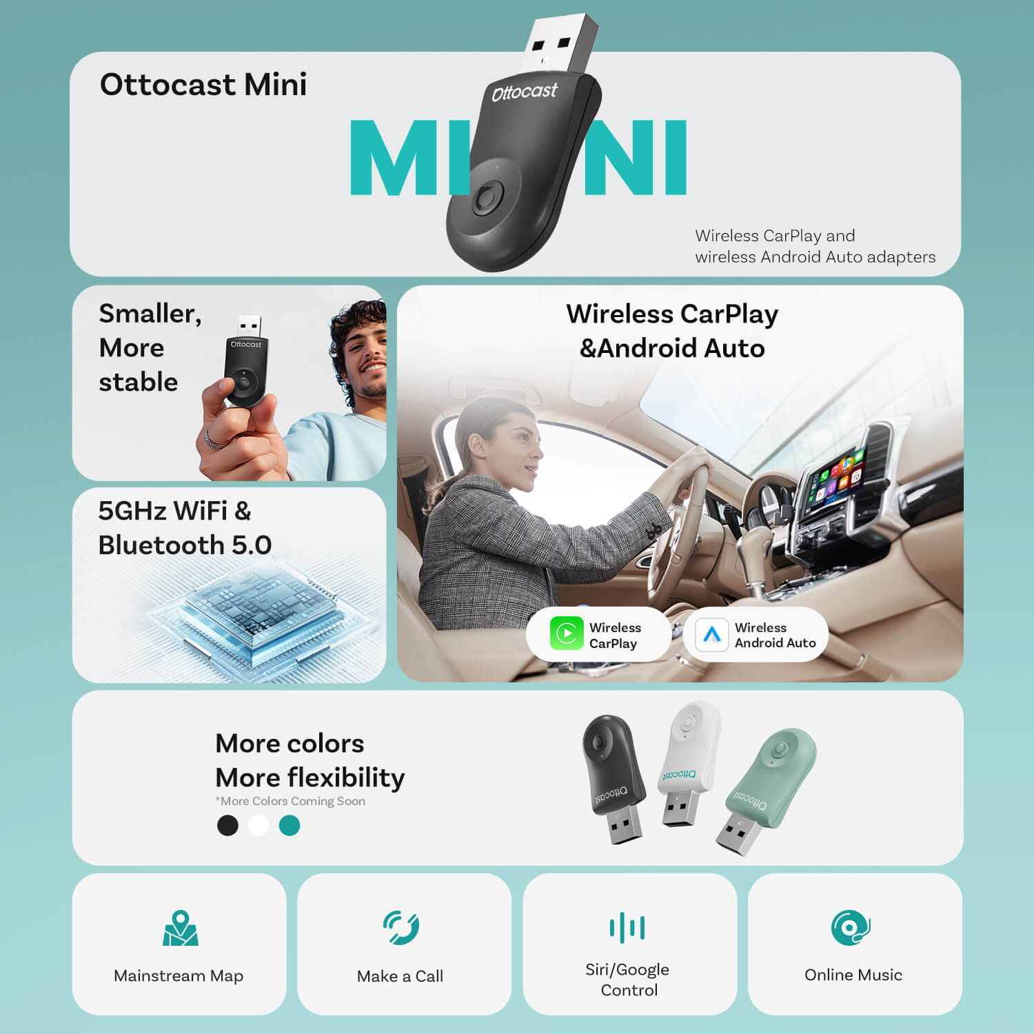 ✨NYTT SALG - SPAR $30✨OttoMini 2IN1 trådløs CarPlay/Android Auto-adapter