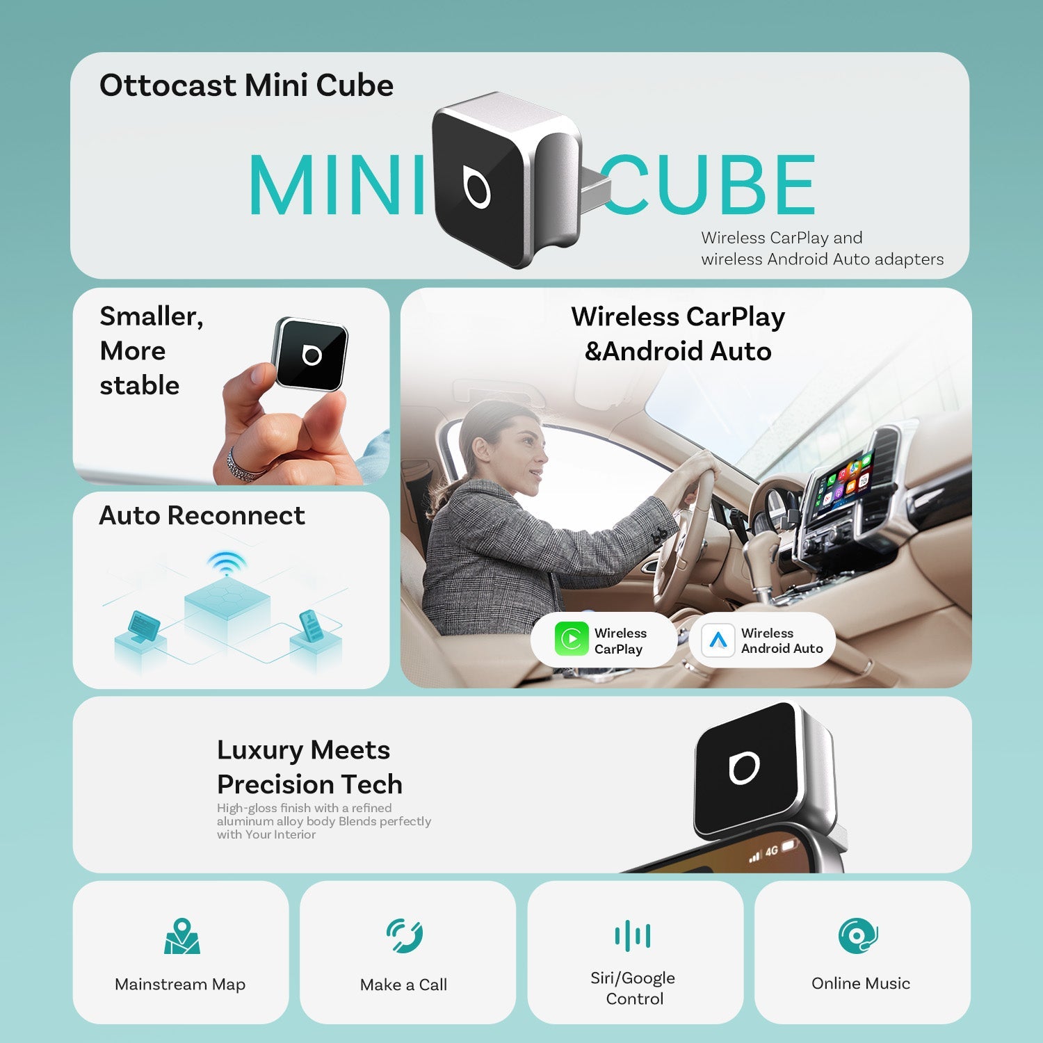 (🎉Black Friday 50 % RABATT) Ottocast Mini 3.0 Ultra Cube trådløs CarPlay Android Auto-adapter