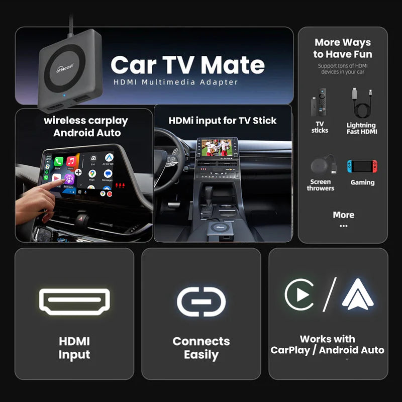 OTTOCAST® Car TV Mate Pro | HDMI Streaming & Wireless CarPlay Android Auto Adapter