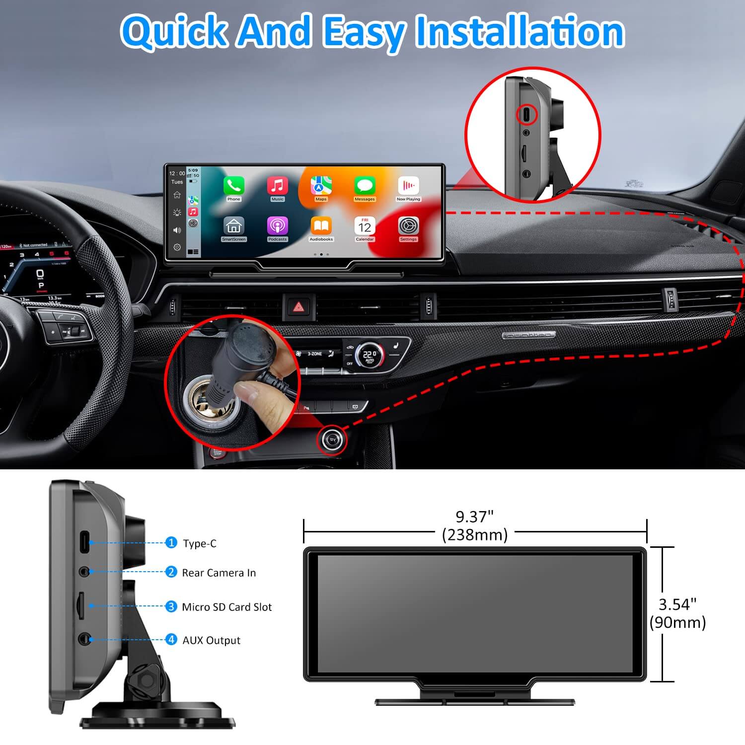 OTTOCAST® Portable 10" Apple CarPlay & Android Auto Car Display Screen